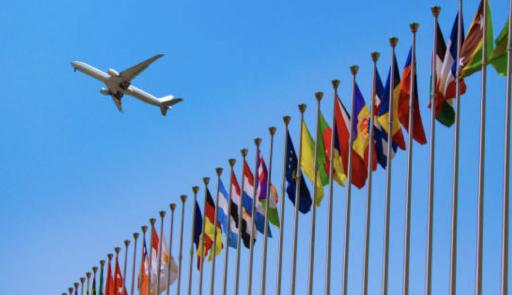 aereo in volo sopra una fila di bandiere di varie nazionalità