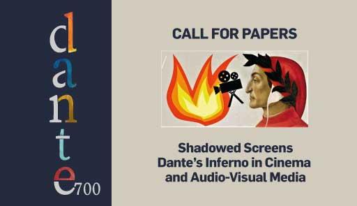 Shadowed Screens Immagine stilizzante di Dante e di una cinepresa e testo "Call for papers - Shadowed screens Dante's Inferno in Cinema and Audiovisual Media