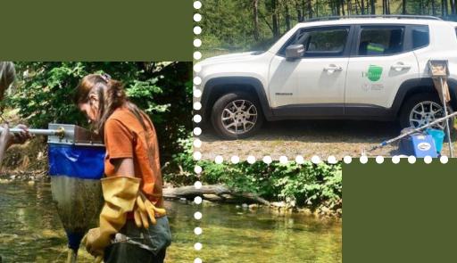 immagini di un'automobile e di una donna che pesca in un fiume