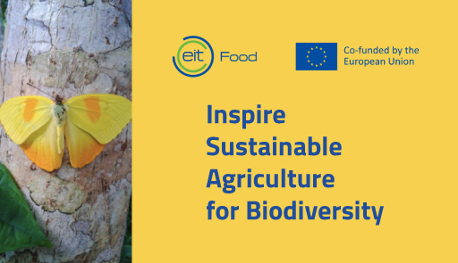 farfalla appoggiata su un tronco e testo Inspire Sustainable Agriculture for Biodiversity