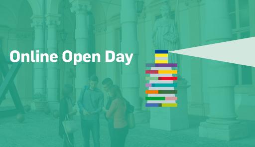 Immagine stilizzata con testo: Online Open Day: Study in English at UniTo