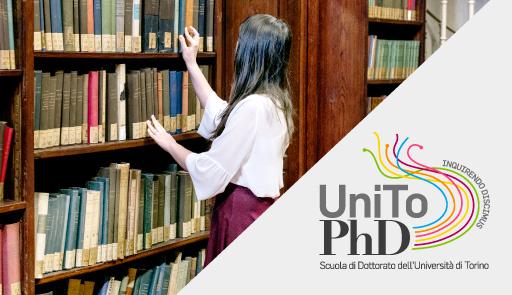 Immagine di una ragazza in biblioteca e logo della Scuola di dottorato