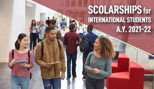immagini di due ragazzi sorridenti e testo "Scholarships for international students a.y. 2021-2022"