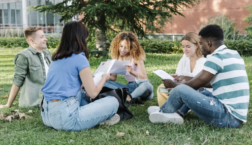 gruppo di ragazze e ragazzi che leggono seduti in un prato