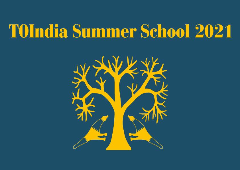 Immafine stilizzata di un albero giallo su sfondo blu e testo ToIndia Summer School 2021