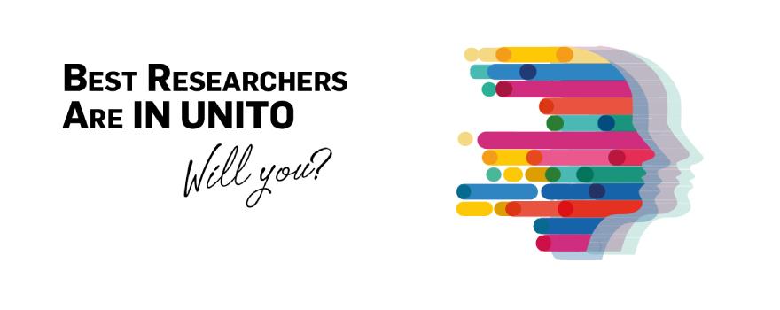 Profilo di volto umano e testo "Best researchers are in UniTo. Will you?"